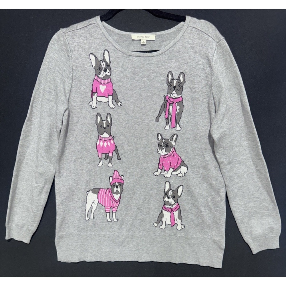 NWT  Women's  Astrologie Frenchie Intarsia Gray Sweater Size S